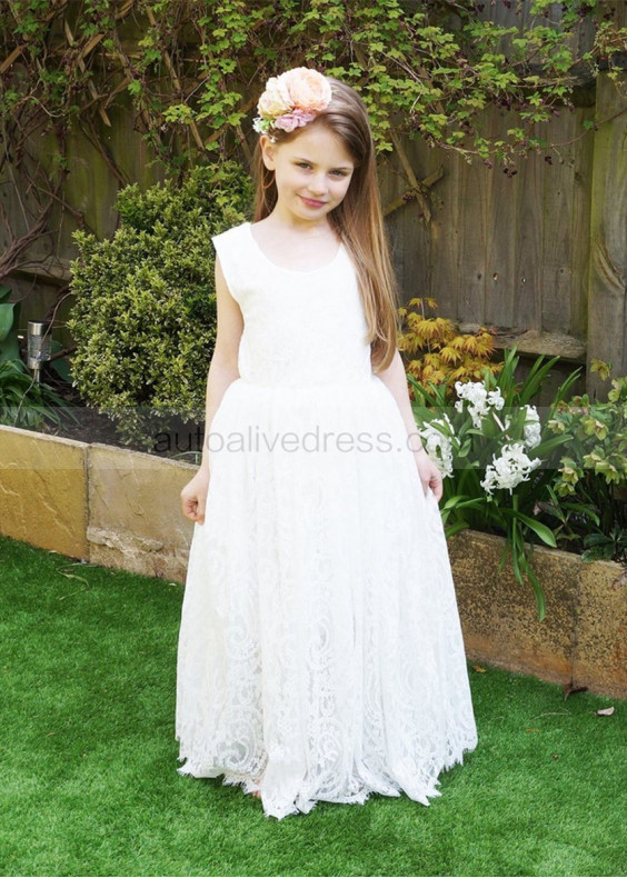 Ivory Lace V Back Long Flower Girl Dress